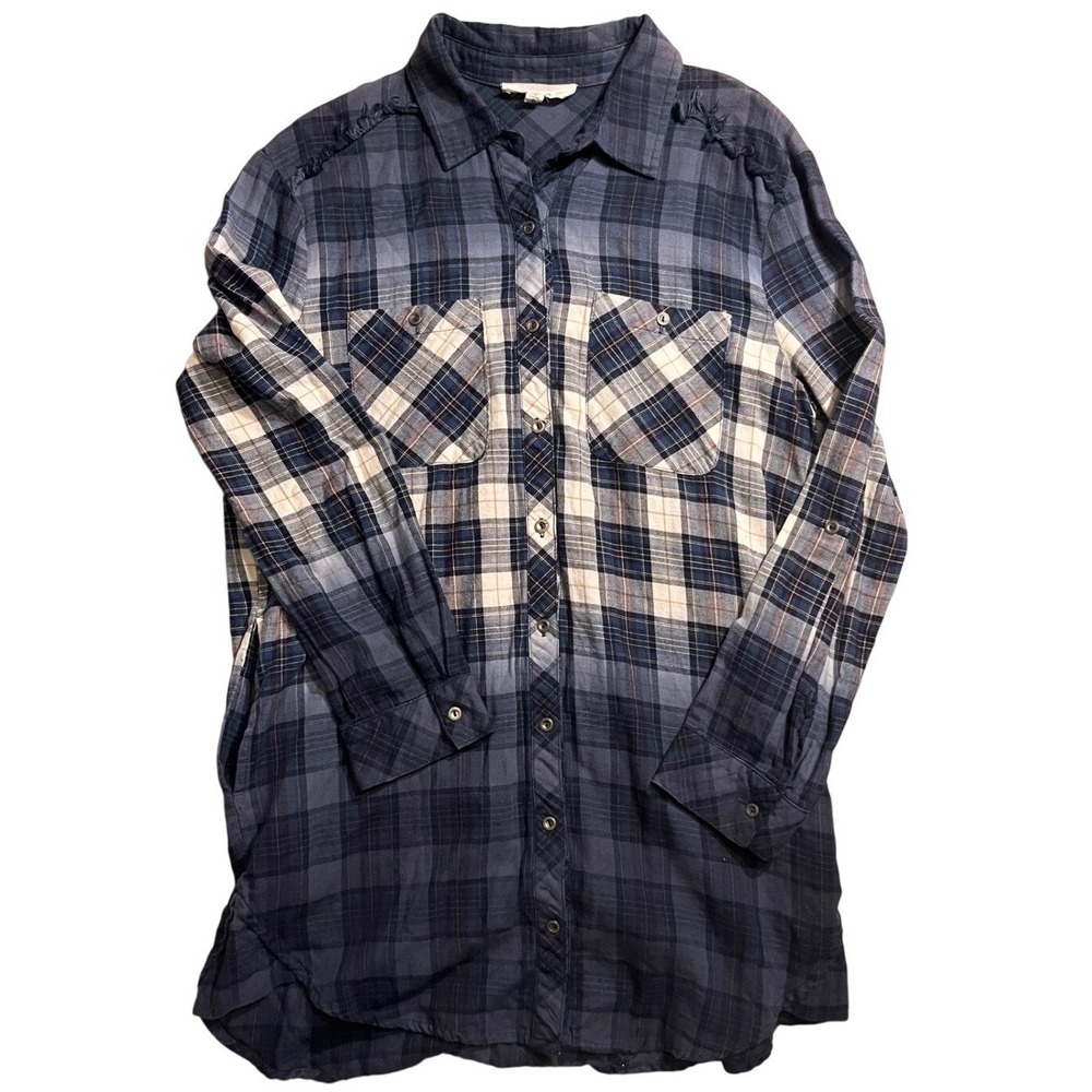 BD‎ Collection Plaid Button Up Shirt Dress Blue White Red Ombre Size S